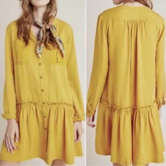 Anthropologie Maeve Mustard Yellow Long Sleeve Marlie Tunic Dress NWT - Picture 1 of 7